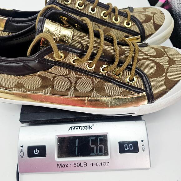 Coach Felix Tan Brown Gold Logo Canvas & Leather Sneaker Shoe women's size 8.5 B - Picture 9 of 9